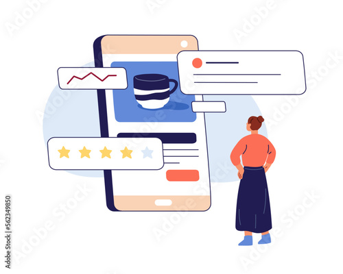 Online reviews and feedback concept. Client studying internet ratings, customer comments, recommendations, service quality ranking in phone app. Flat vector illustration isolated on white background