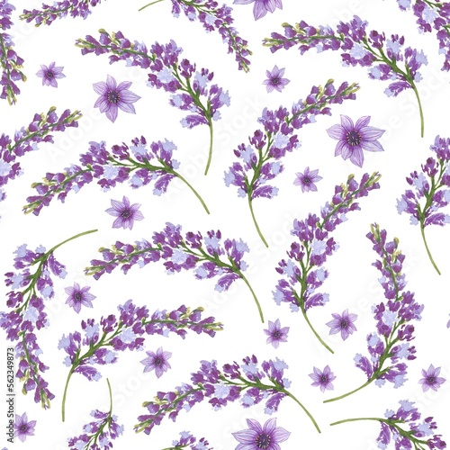 Floral seamless pattern with purple flowers  watercolor