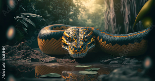 giant yellow and black anaconda snake laying on top of a body of water