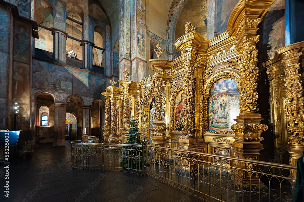 Christmas tree near altar of St. Sophia Cathedral in Kyiv, Ukraine