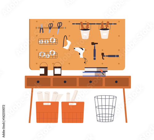 Craft studio, carpentry workshop with carpenters supplies, tools, joinery equipment. Woodwork manufacture, empty repair service room, appliances. Flat vector illustration isolated on white background