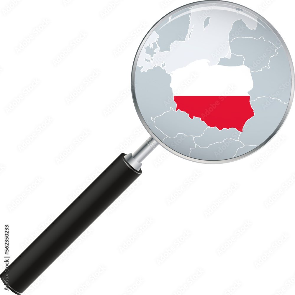 Poland map with flag in magnifying glass.