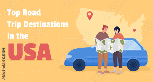 Top road trip destinations in USA flat vector banner template. Travel together. Cross country routes poster, leaflet printable color designs. Editable flyer page with text space. Passion One font used
