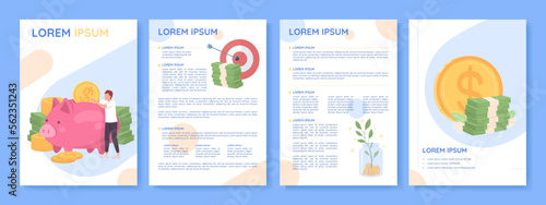 Financial goal flat vector brochure template. Savings for big purchase booklet, leaflet printable flat color designs. Editable magazine page, reports kit with text space. Quicksand font used