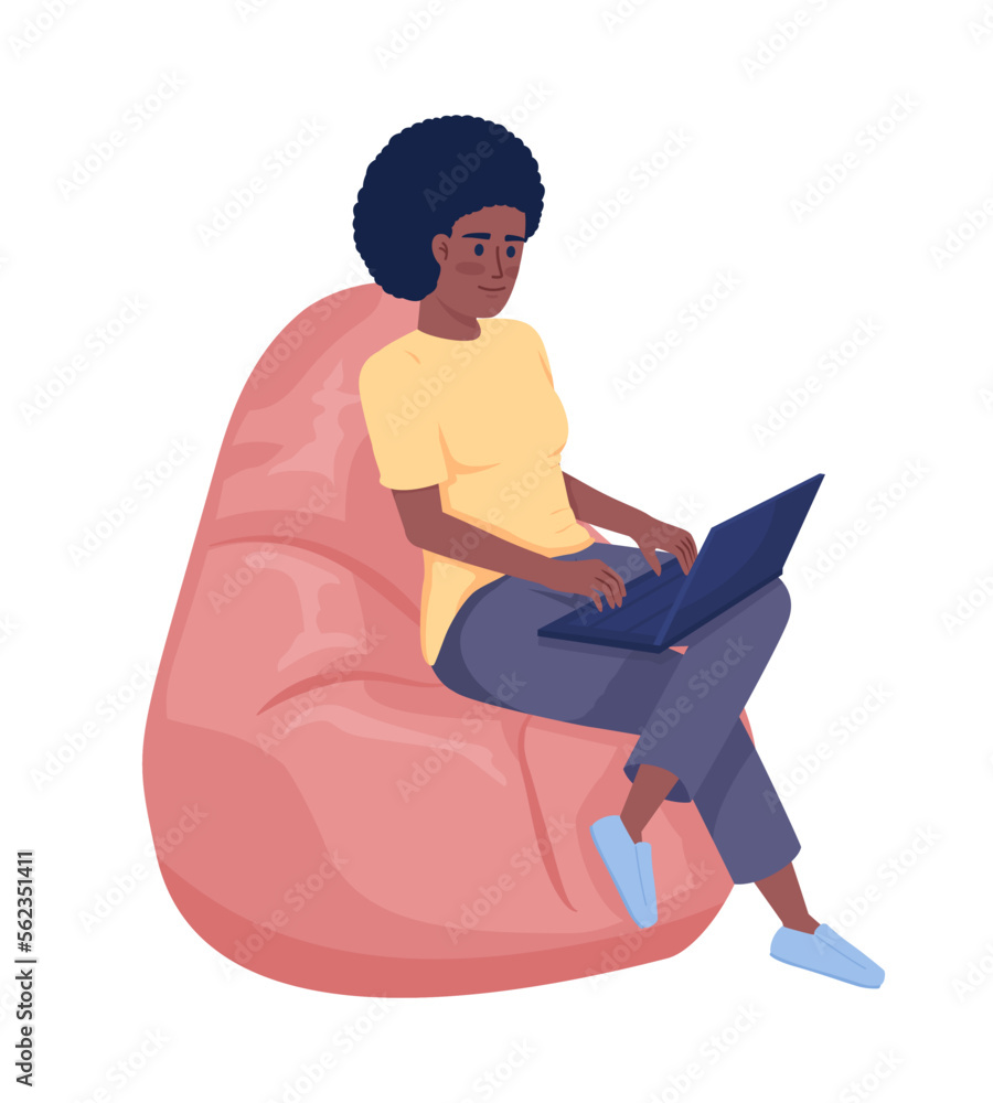Woman with laptop sitting on bean bag comfortably semi flat color vector character. Editable figure. Full body person on white. Simple cartoon style illustration for web graphic design and animation Woman with laptop sitting on bean bag comfortably semi flat color vector character. Editable figure. Full body person on white. Simple cartoon style illustration for web graphic design and animation