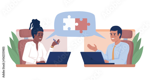 Colleagues developing good teamwork semi flat color vector characters. Editable figures. Full body people on white. Simple cartoon style illustration for web graphic design and animation