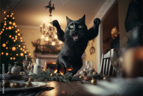 The cat jumps against the background of Christmas scenery created with generative AI technology
