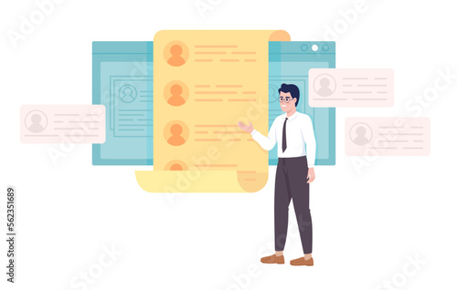 HR manager presenting job applicant resumes semi flat color vector character. Editable concept. Full body person on white. Simple cartoon style illustration for web graphic design and animation