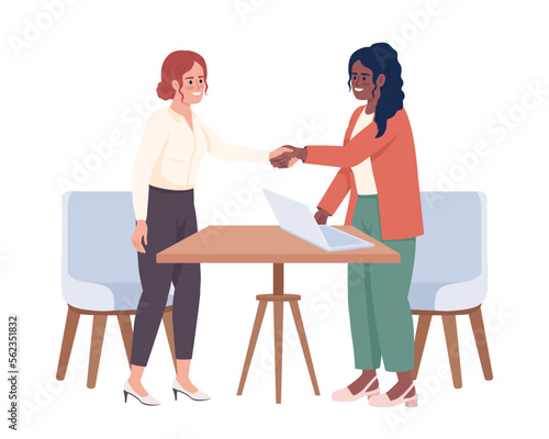 Business partners singing agreement at meeting semi flat color vector characters. Editable figures. Full body people on white. Simple cartoon style illustration for web graphic design and animation