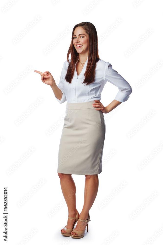 Smile, pointing and body portrait of woman with mockup, product placement and isolated on white background. Advertising, marketing promotion and space, happy woman and product launch news in studio. Smile, pointing and body portrait of woman with mockup, product placement and isolated on white background. Advertising, marketing promotion and space, happy woman and product launch news in studio.