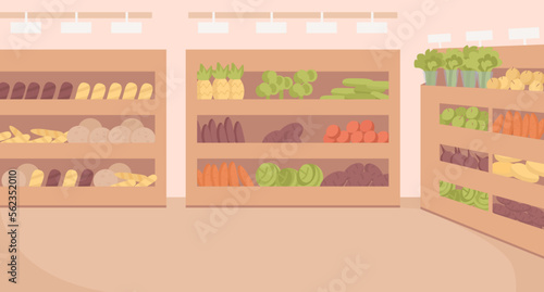 Grocery store flat color vector illustration. Supermarket sections. Retail business. Fully editable 2D simple cartoon interior with wooden shelves with vegetables and bread on background