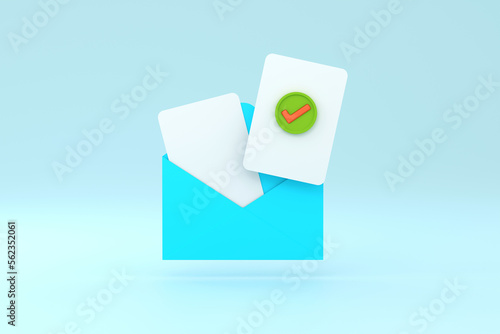 Open mail envelope icon with check mark isolated. Render approvement concept,
