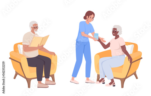 Geriatric nurse caring about seniors semi flat color vector characters. Caregiver. Editable figures. Full body people on white. Simple cartoon style illustration for web graphic design and animation