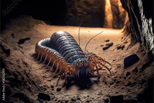 Giant centipede insect crawling in red rocky desert surface of a cavern with mandibles  photo