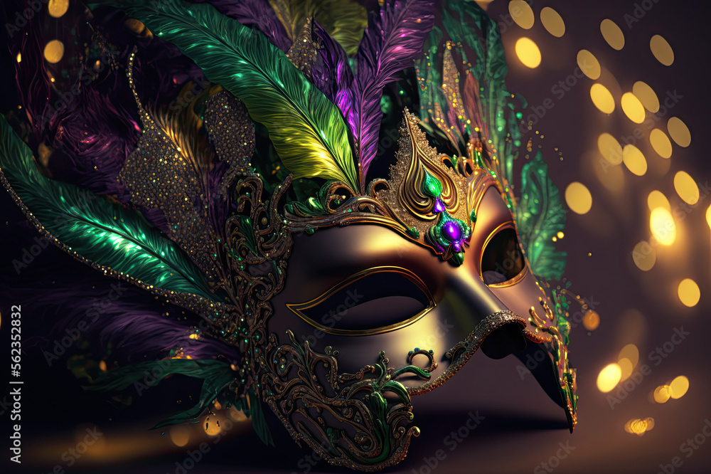 Generative AI of an Ornate Mask in Gold, Purple, and Green for the Mardi Gras Celebration in New Orleans, Reflecting the Colors and the Spirit of the Festival
