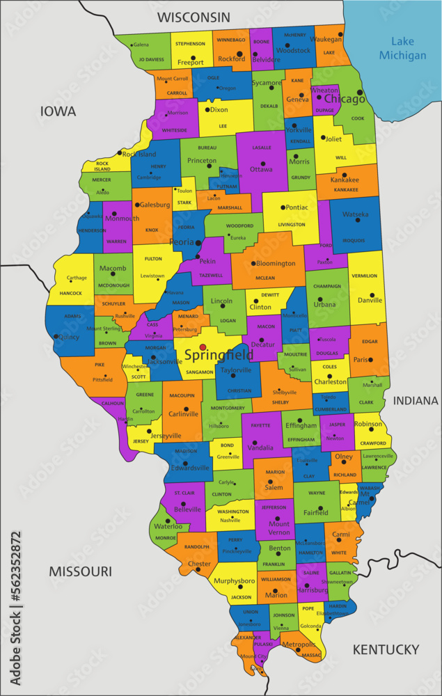 Colorful Illinois political map with clearly labeled, separated layers ...