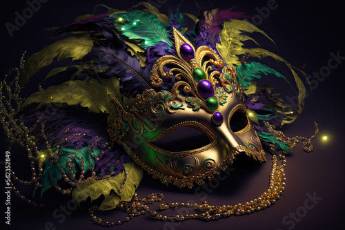 Generative AI of an Ornate Mask in Gold, Purple, and Green for the Mardi Gras Celebration in New Orleans, Reflecting the Colors and the Spirit of the Festival