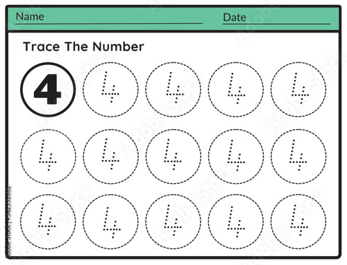 trace the number Worksheet Writing 4 illustrator vector
