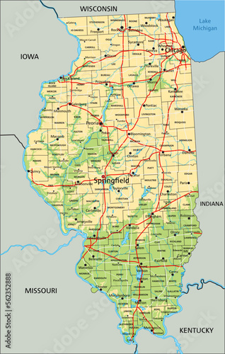 High detailed Illinois physical map with labeling.