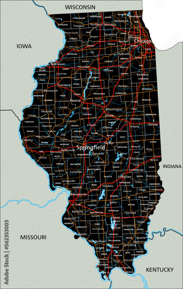 High detailed Illinois road map with labeling. Stock Vector Adobe Stock