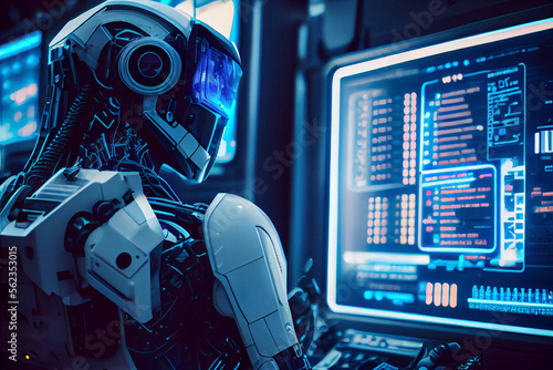 Futuristic scene - anthropomorphic robot interacting with a modern computer panel. Generative AI illustration.