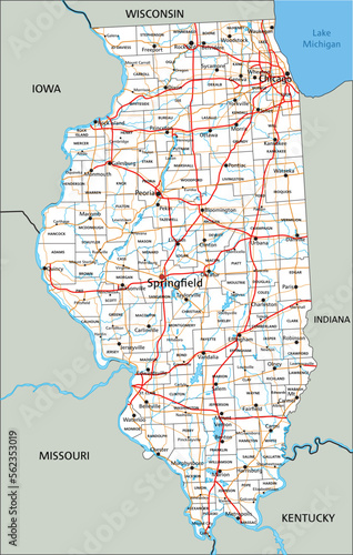 High detailed Illinois road map with labeling.