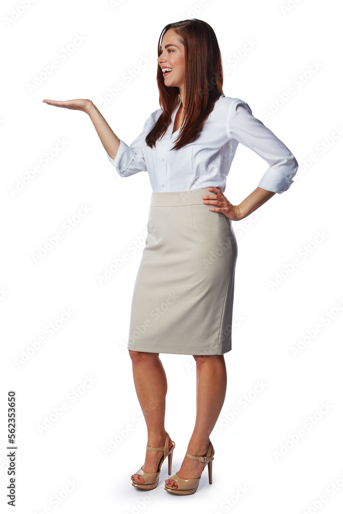 Mockup, hand display and woman on a white background for product placement, logo and advertising. Deal, presenting and isolated girl with hand sign for information, news and announcement in studio Mockup, hand display and woman on a white background for product placement, logo and advertising. Deal, presenting and isolated girl with hand sign for information, news and announcement in studio