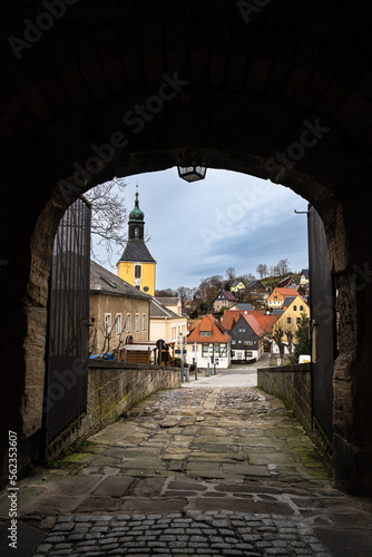 An old German town viewed from inside of a castle door