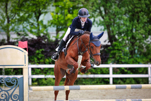 Show jumper with a brown horse jumping over an obstacle, photo from the front..