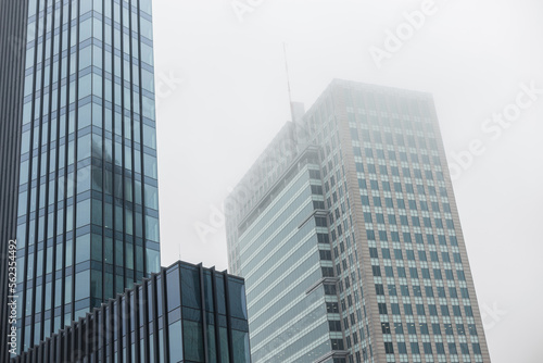 Beautiful business centers and office buildings architecture in the fog. City and overcast day