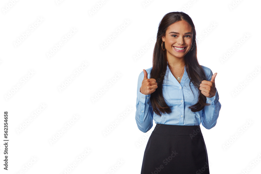 Business woman, smile and thumbs up on mockup for discount, deal or winning against a white studio background. Portrait of isolated female employee standing with thumbsup for good job, done or sale Business woman, smile and thumbs up on mockup for discount, deal or winning against a white studio background. Portrait of isolated female employee standing with thumbsup for good job, done or sale