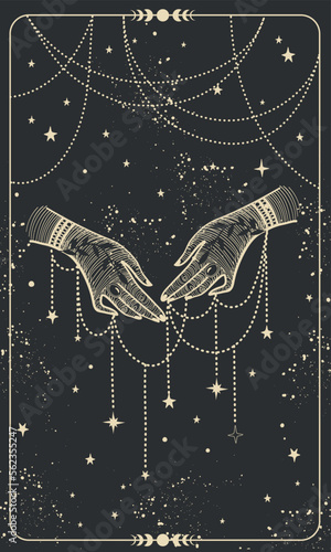 Mystical astrology tarot card, two female hands with jewelry, threads of fate, fortune telling, boho stories template. Graceful vector illustration for witch design.