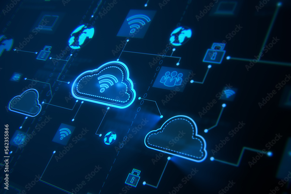 Data storage and cloud service concept with blue digital iot ...