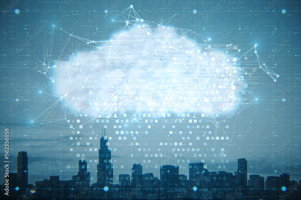 Digital glowing polygonal cloud mesh on blurry city sky background. Storage technology concepts transfer data to cloud computing platforms. Double exposure.