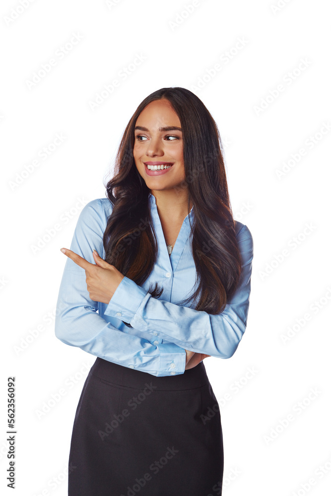 Businesswoman, standing and pointing finger isolated on a white background for advertising. Female employee, model or business person with smile showing gesture for advertisement or marketing Businesswoman, standing and pointing finger isolated on a white background for advertising. Female employee, model or business person with smile showing gesture for advertisement or marketing