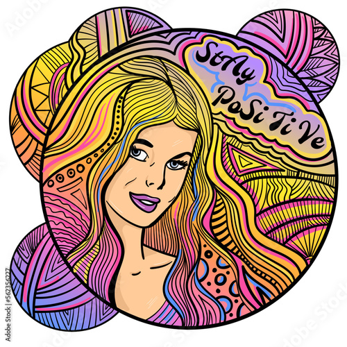 girl with ornament and phrase "Stay positive"