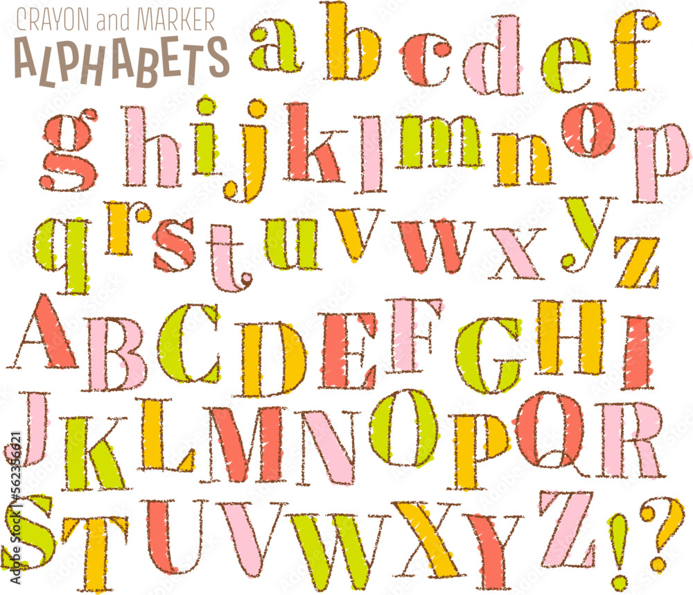 hand drawn alphabet doodle, crayon and marker