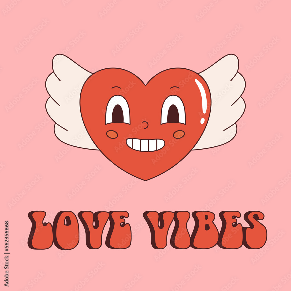 Vector retro postcard with funny heart shaped character with wings. Love vibes text. Valentines day poster y2k. Love and romance. Funny flying heart 70s. Vector retro postcard with funny heart shaped character with wings. Love vibes text. Valentines day poster y2k. Love and romance. Funny flying heart 70s.