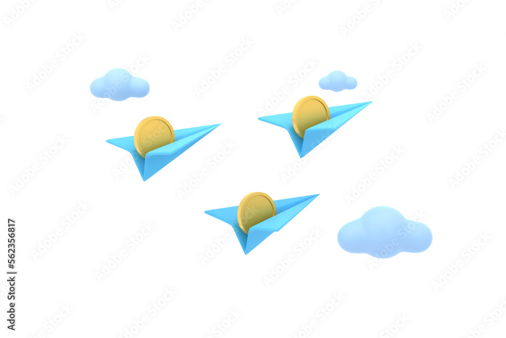 paper airplane and coins with clouds cute. financial concept. paper airplane and coins with clouds cute. financial concept.