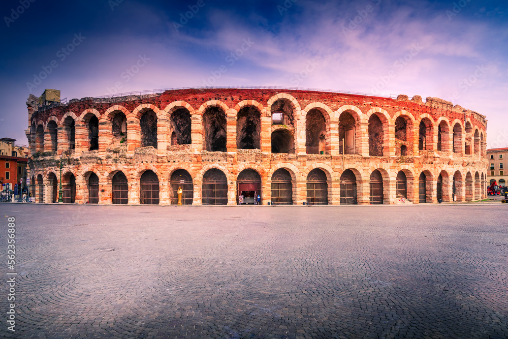 Verona, Italy.  Twilight view of Piazza Bra with Arena, Roman Empire heritage.