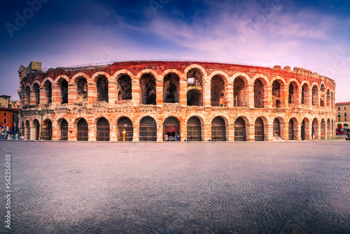 Verona, Italy.  Twilight view of Piazza Bra with Arena, Roman Empire heritage. photo