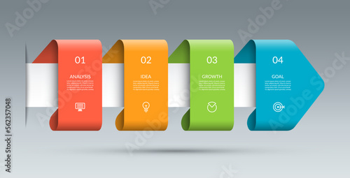 Timeline infographic template with 4 successive steps. Business growth concept. Can be used for web design, diagram, flow chart, graph, business presentation.