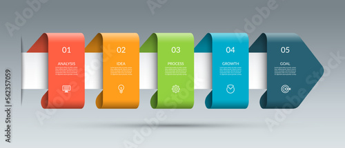 Timeline infographic template with 5 successive steps. Business growth concept. Can be used for web design, diagram, flow chart, graph, business presentation.