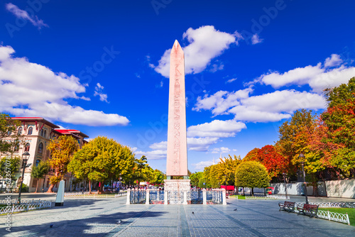 Istanbul, Turkey. Obelisk of Theodosius, egyptian heritage in Sultanahmet downtown.