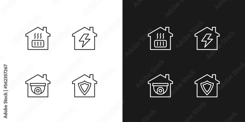Domestic services pixel perfect linear icons set for dark, light mode. Heating system. Electricity supply. Security. Thin line symbols for night, day theme. Isolated illustrations. Editable stroke