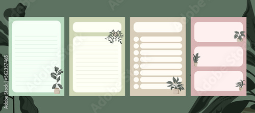 set of aesthetic minimalist daily planner, note sheet page, to do and shopping list with boho green plant illustration