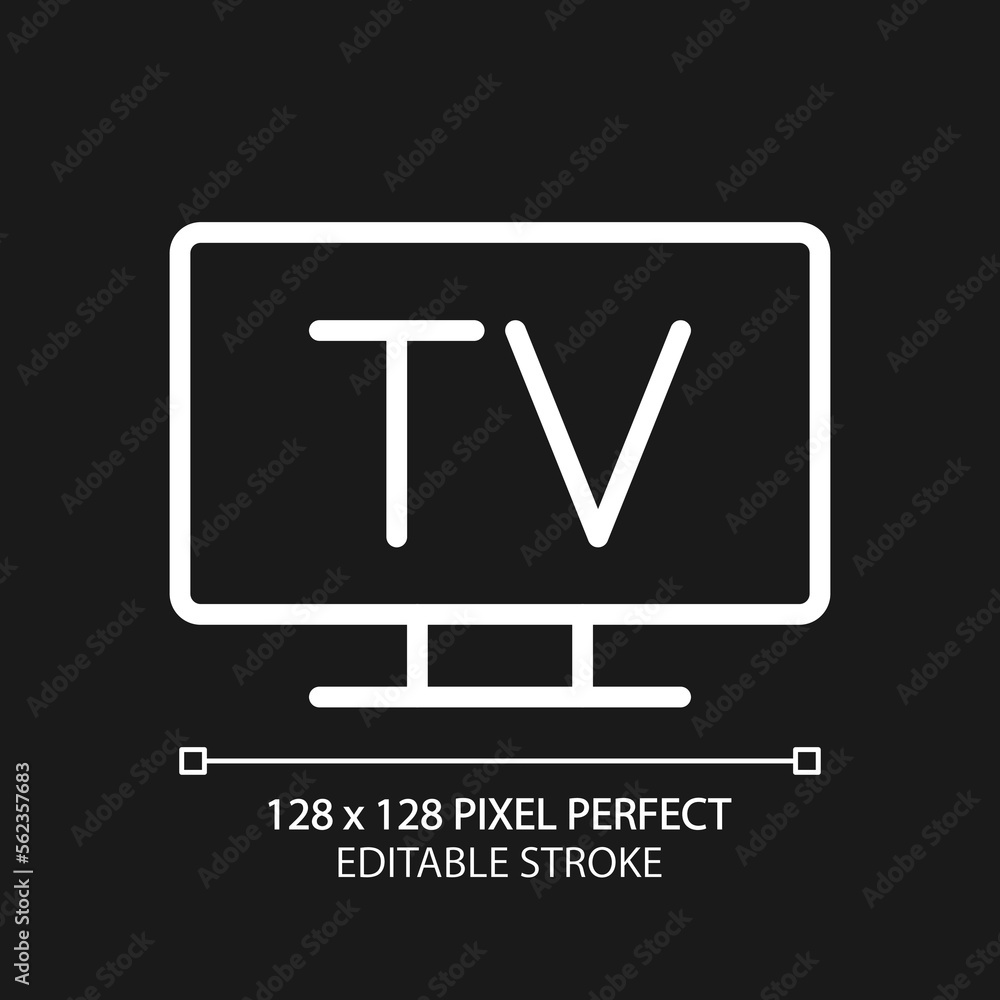 Television pixel perfect white linear icon for dark theme. TV broadcasting service. Analog and digital technology. Thin line illustration. Isolated symbol for night mode. Editable stroke Television pixel perfect white linear icon for dark theme. TV broadcasting service. Analog and digital technology. Thin line illustration. Isolated symbol for night mode. Editable stroke