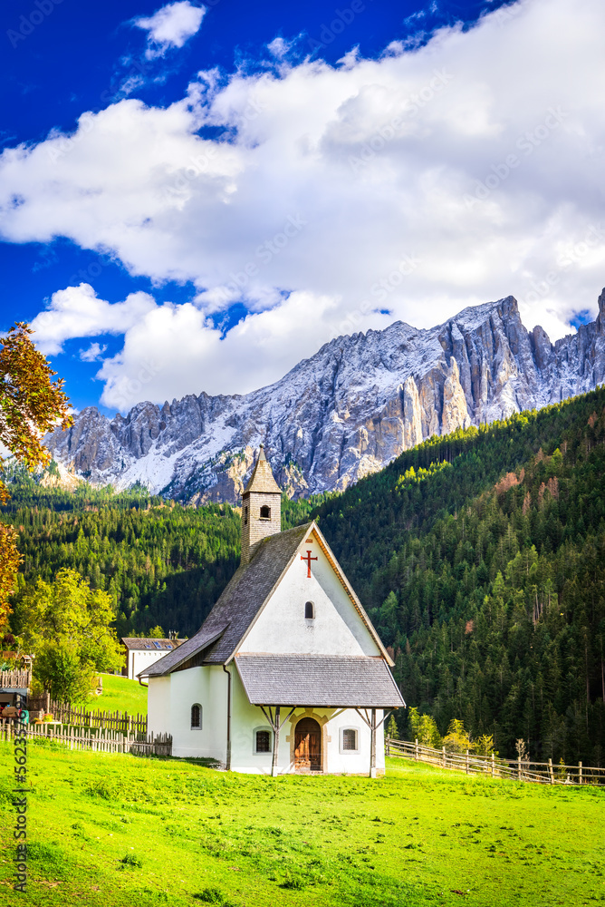 Nova Levante, Italy. Bolzano region scenery with Cimon del Latemar, Dolomites mountains.