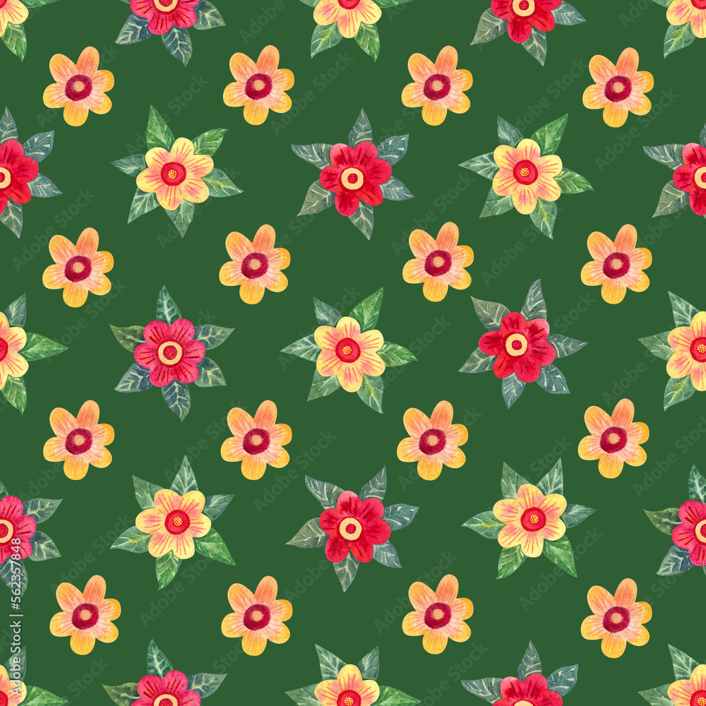 Watercolor floral seamless pattern with daisy flowers on green background.  Great for fabrics, wrapping papers, covers.