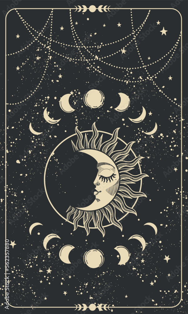 Tarot card, sleeping moon with a face on a black sky background, phases of the  moon, mystical boho background for stories, background for astrology.  Vector art line illustration, template for design. vector